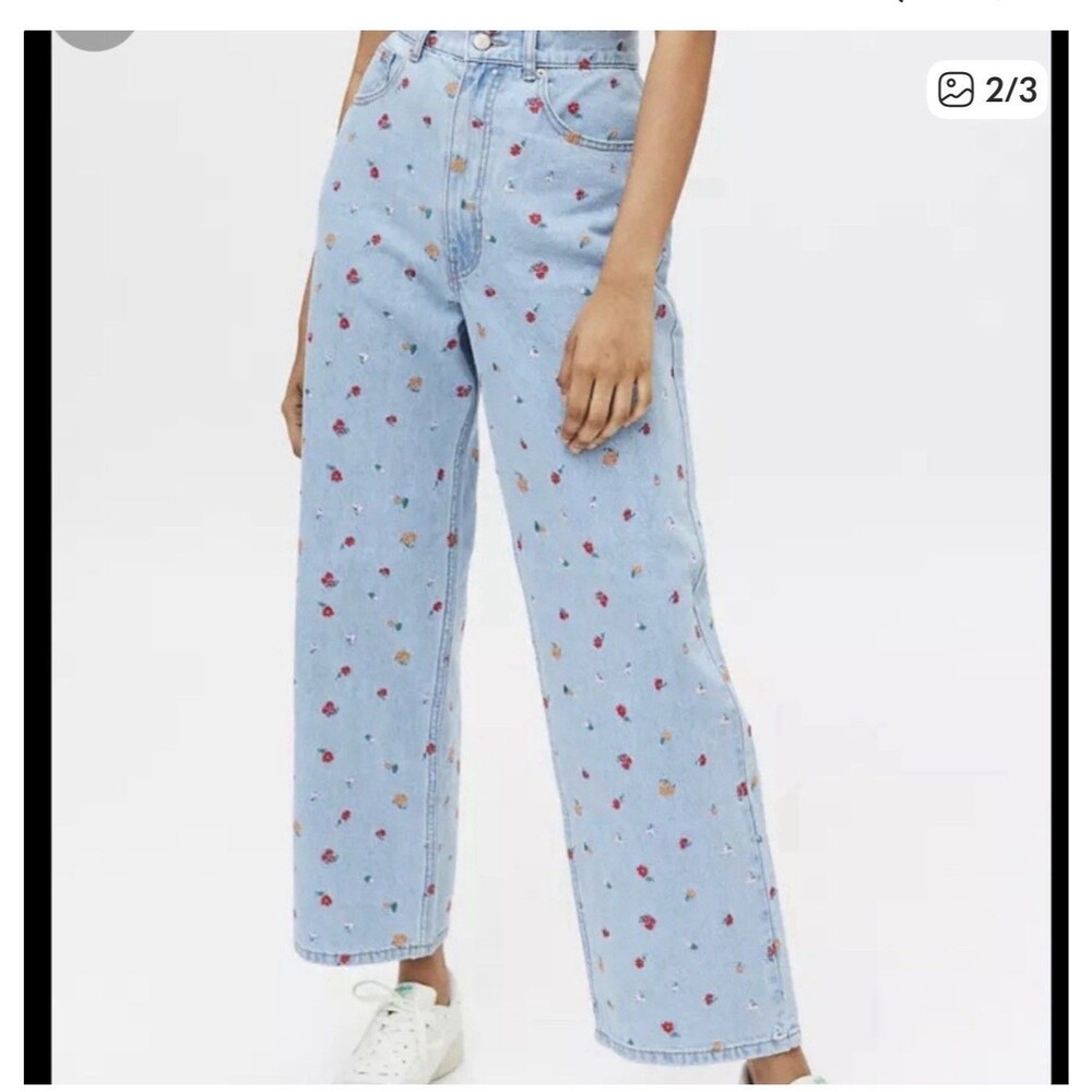 BDG Light Blue Straight Leg Jeans with Red Floral Print